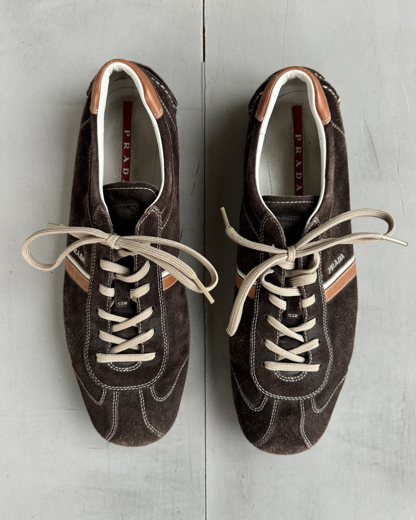 PRADA EARLY-2000'S BROWN LOW PROFILE SUEDE TRAINERS - UK 10 | UK 10, Brown