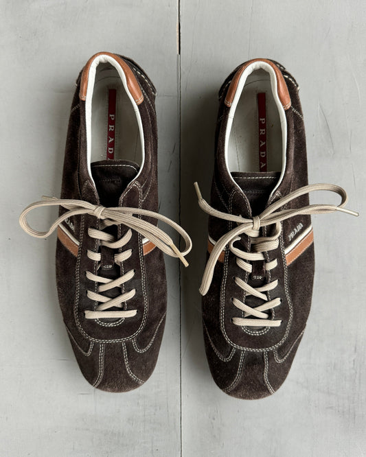 PRADA EARLY-2000'S BROWN LOW PROFILE SUEDE TRAINERS - UK 10 | UK 10, Brown