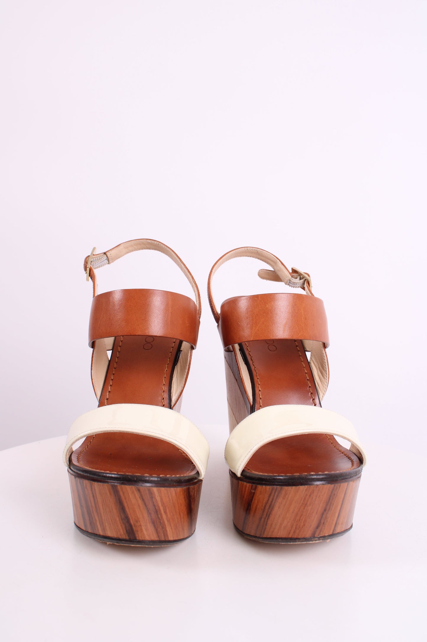 Jimmy Choo Wooden Block Wedges Tan/Cream 38.5 | O/S, Cream