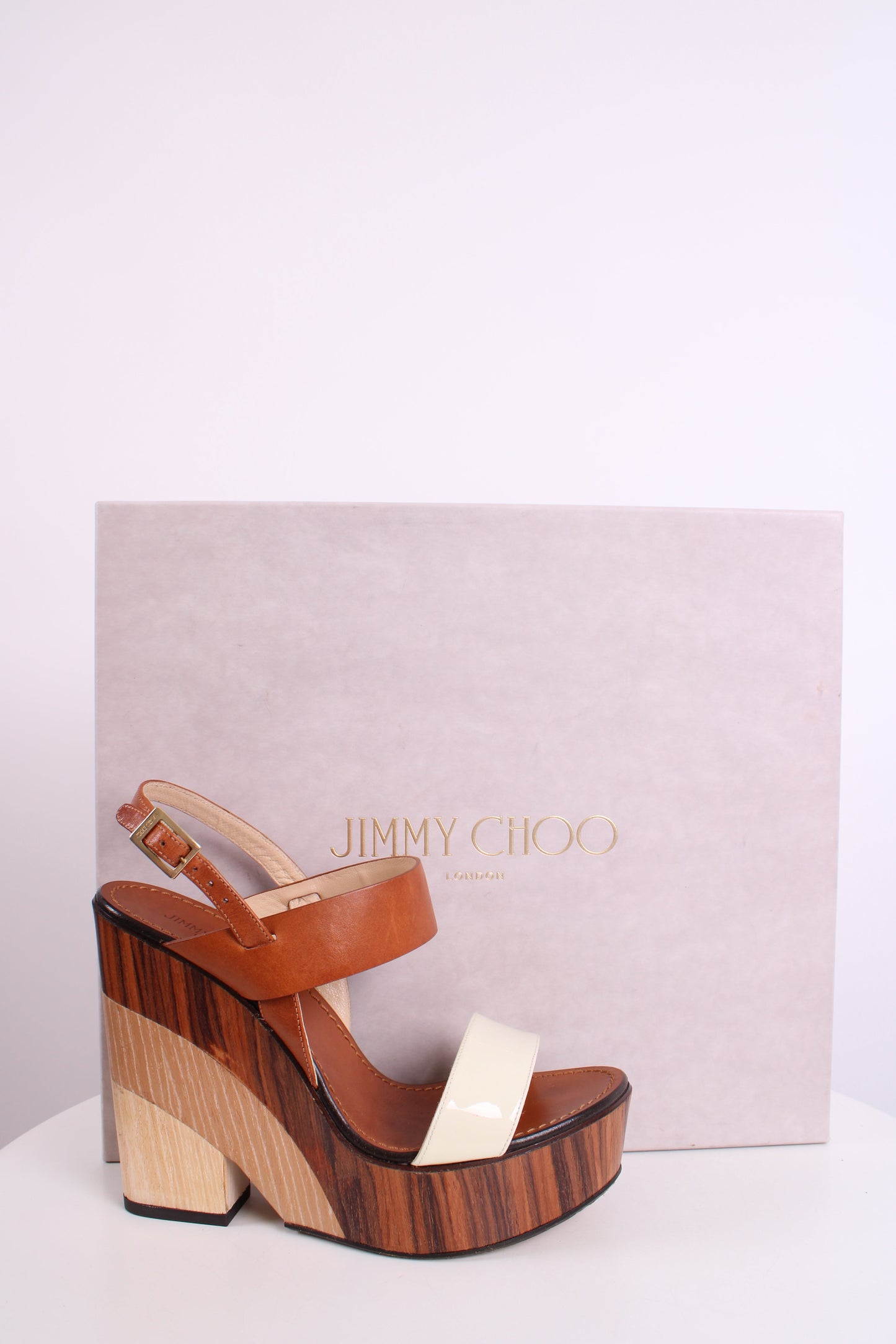 Jimmy Choo Wooden Block Wedges Tan/Cream 38.5 | O/S, Cream