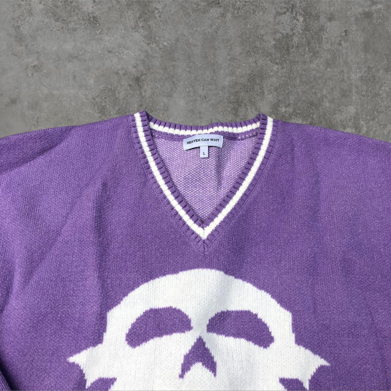 Heaven Can Wait Graphic Knit V-neck Sweatshirt | Default Title, Purple