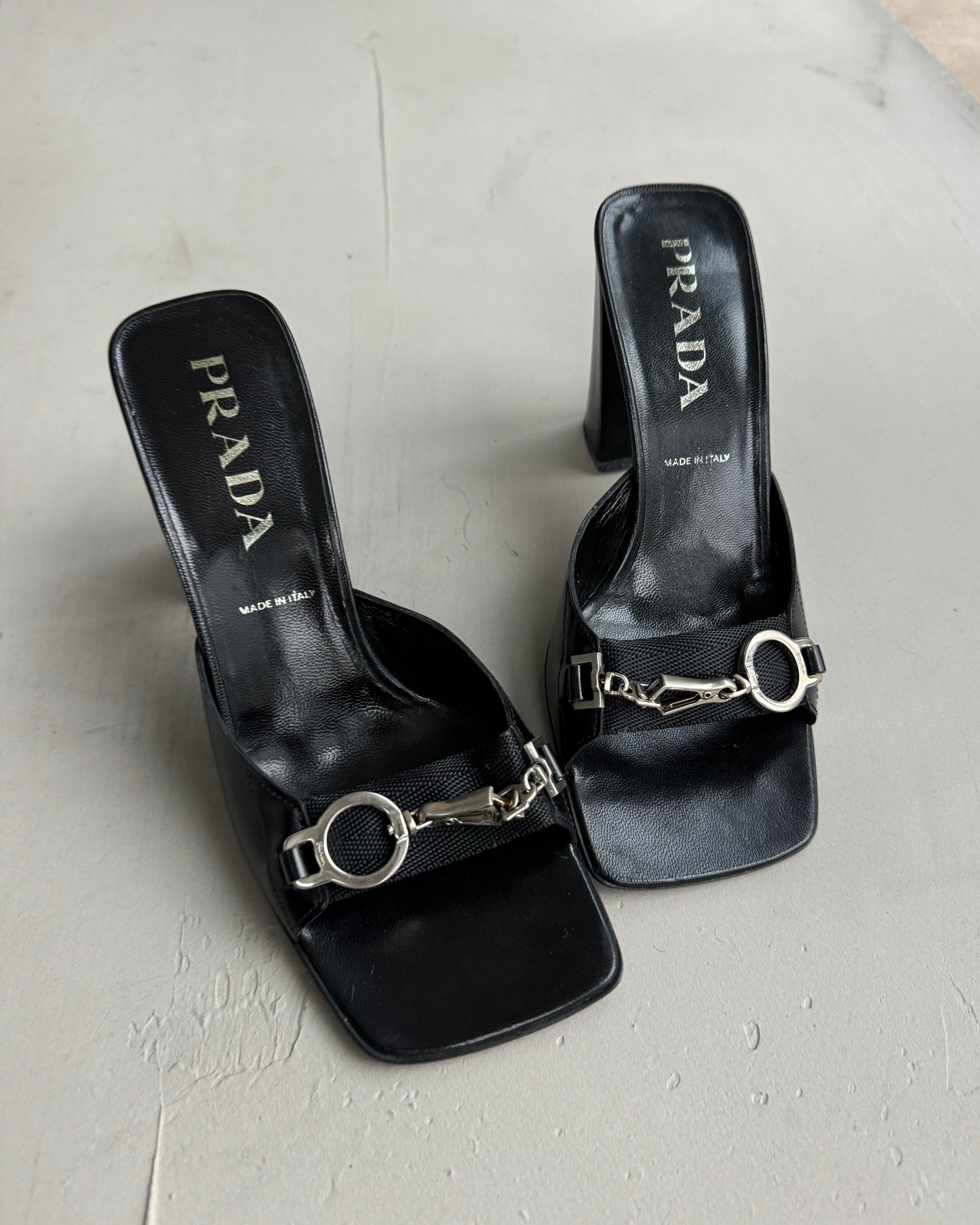 PRADA BLOCK HEEL BUCKLED MULES - EU 37 | UK 4, Black
