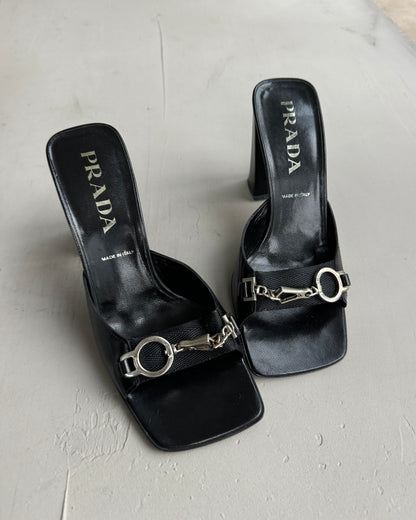 PRADA BLOCK HEEL BUCKLED MULES - EU 37 | UK 4, Black