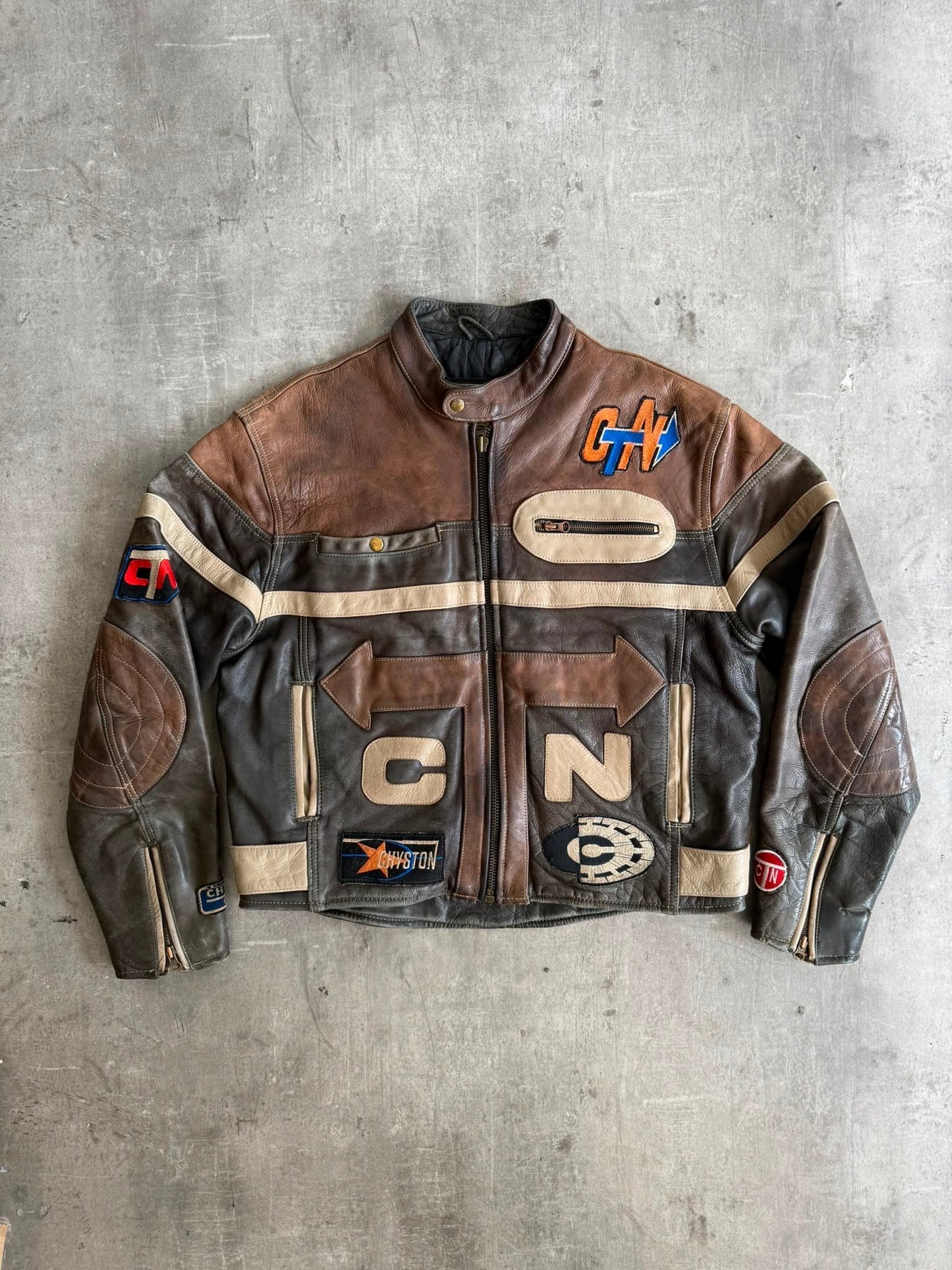 1980's Chyston Patch Embellished Leather Moto Jacket | Extra Extra Large, Brown
