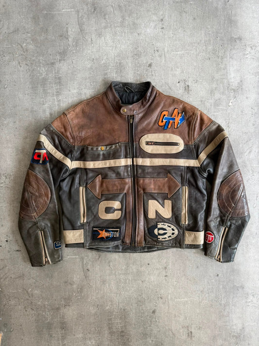 1980's Chyston Patch Embellished Leather Moto Jacket | Extra Extra Large, Brown