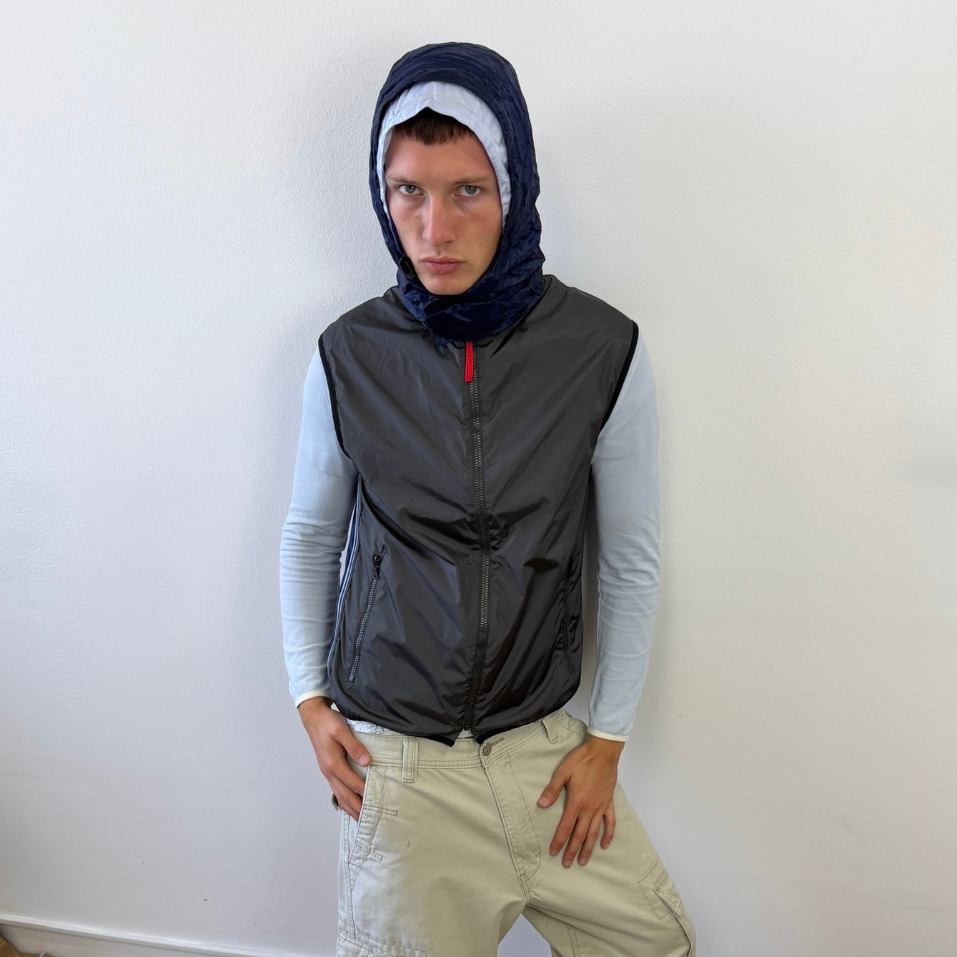 Prada Sport Grey & Blue SS00 Runway Gel Seam Concealed Hood Vest | Medium, Blue