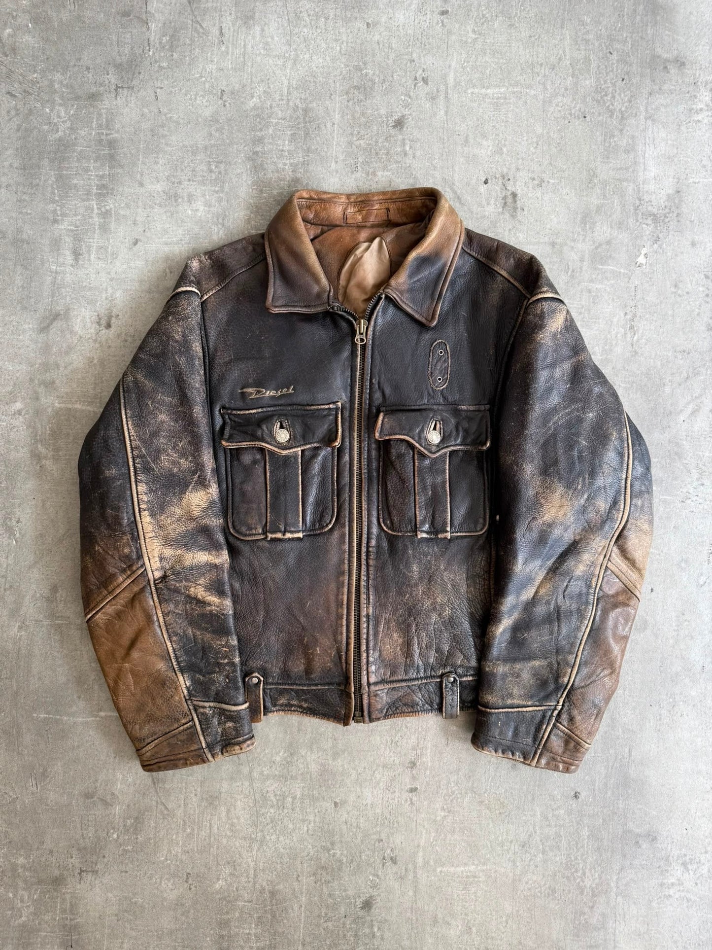 1990's Diesel Distressed Brown Leather Bomber Jacket | Large, Brown