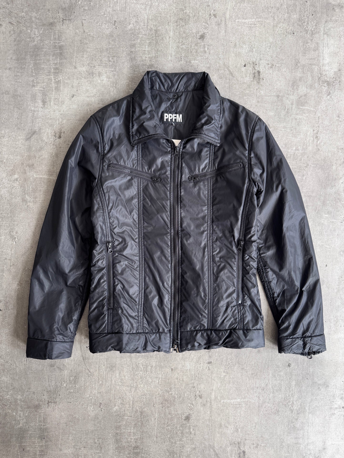 PPFM Notch Collar Zip Up Black Nylon Jacket | Large, Multicoloured