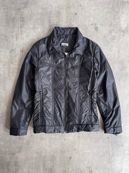 PPFM Notch Collar Zip Up Black Nylon Jacket | Large, Multicoloured