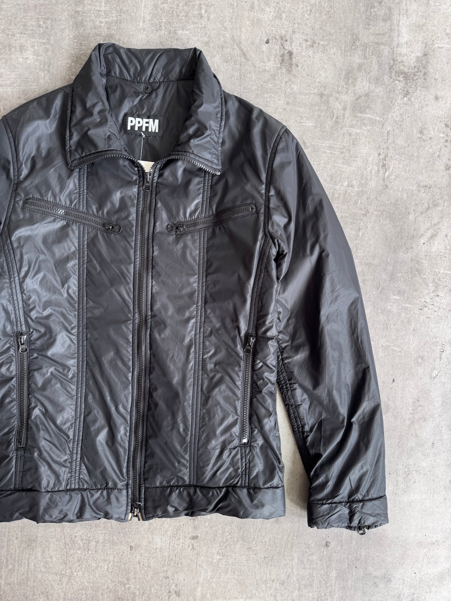 PPFM Notch Collar Zip Up Black Nylon Jacket | Large, Multicoloured