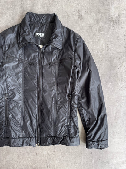 PPFM Notch Collar Zip Up Black Nylon Jacket | Large, Multicoloured