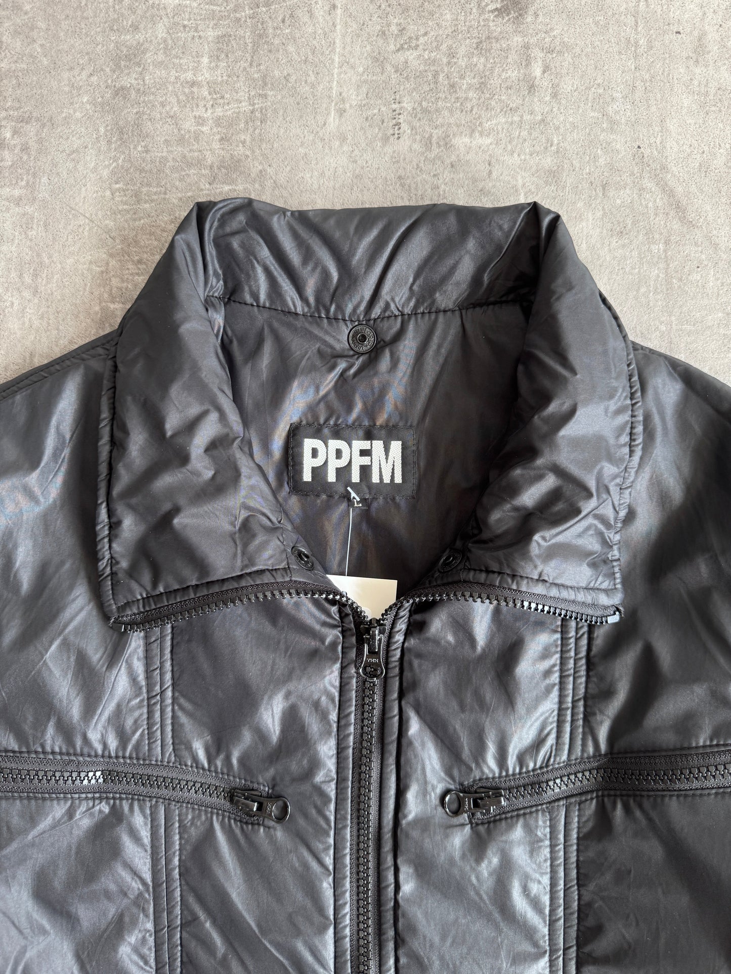 PPFM Notch Collar Zip Up Black Nylon Jacket | Large, Multicoloured