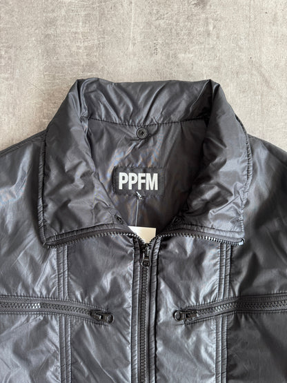 PPFM Notch Collar Zip Up Black Nylon Jacket | Large, Multicoloured
