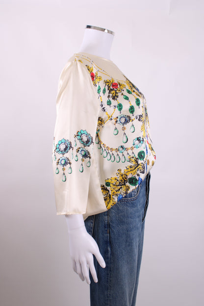 Blumarine L/S Jewell Print Blouse Cream/ Yellow 14 | O/S, Cream