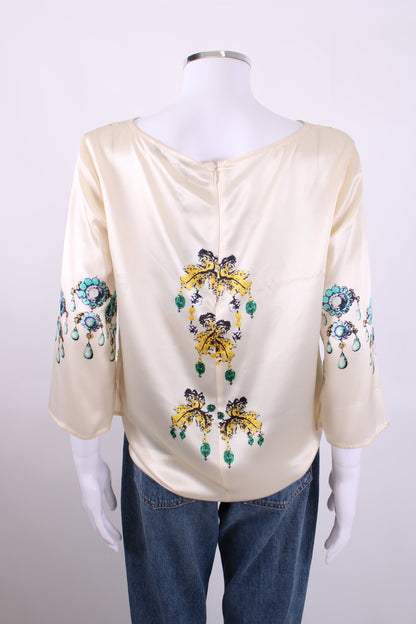 Blumarine L/S Jewell Print Blouse Cream/ Yellow 14 | O/S, Cream