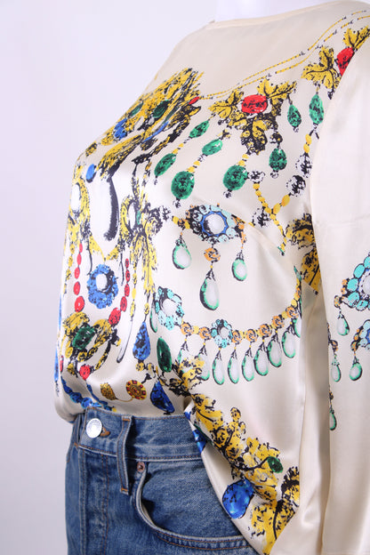 Blumarine L/S Jewell Print Blouse Cream/ Yellow 14 | O/S, Cream