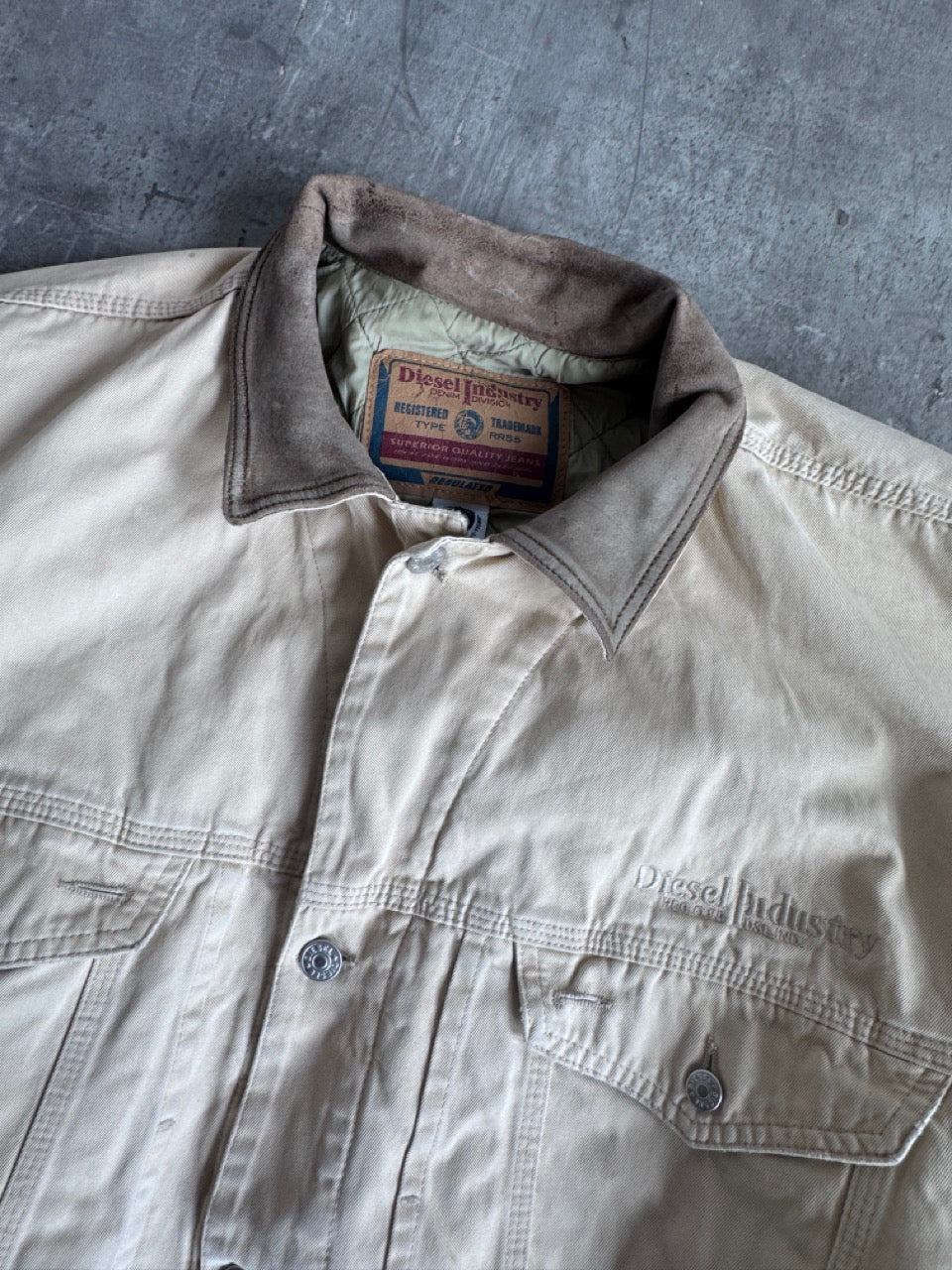 Diesel Cream Work Jacket With Pistachio Leather Collar