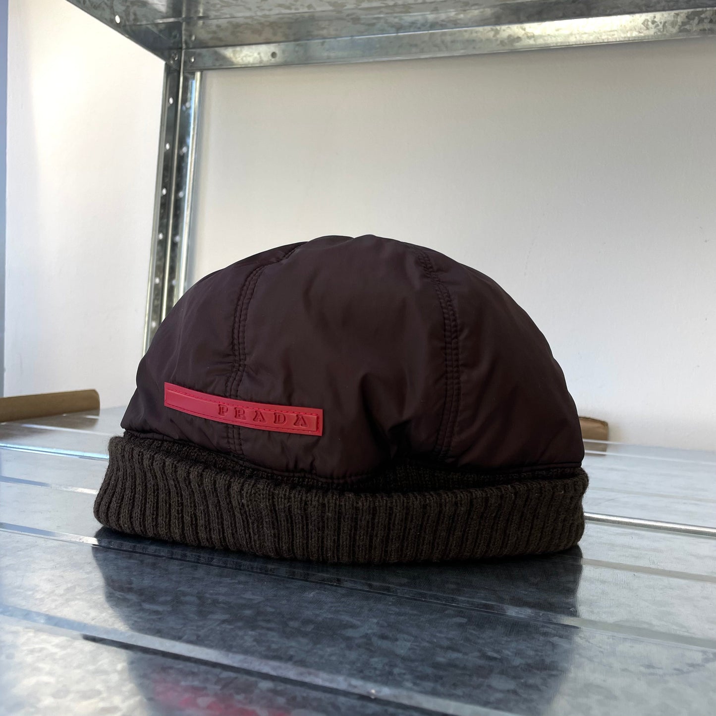 Prada Sport Burgundy & Khaki 00s Nylon & Wool Technical Beanie | O/S, Burgundy