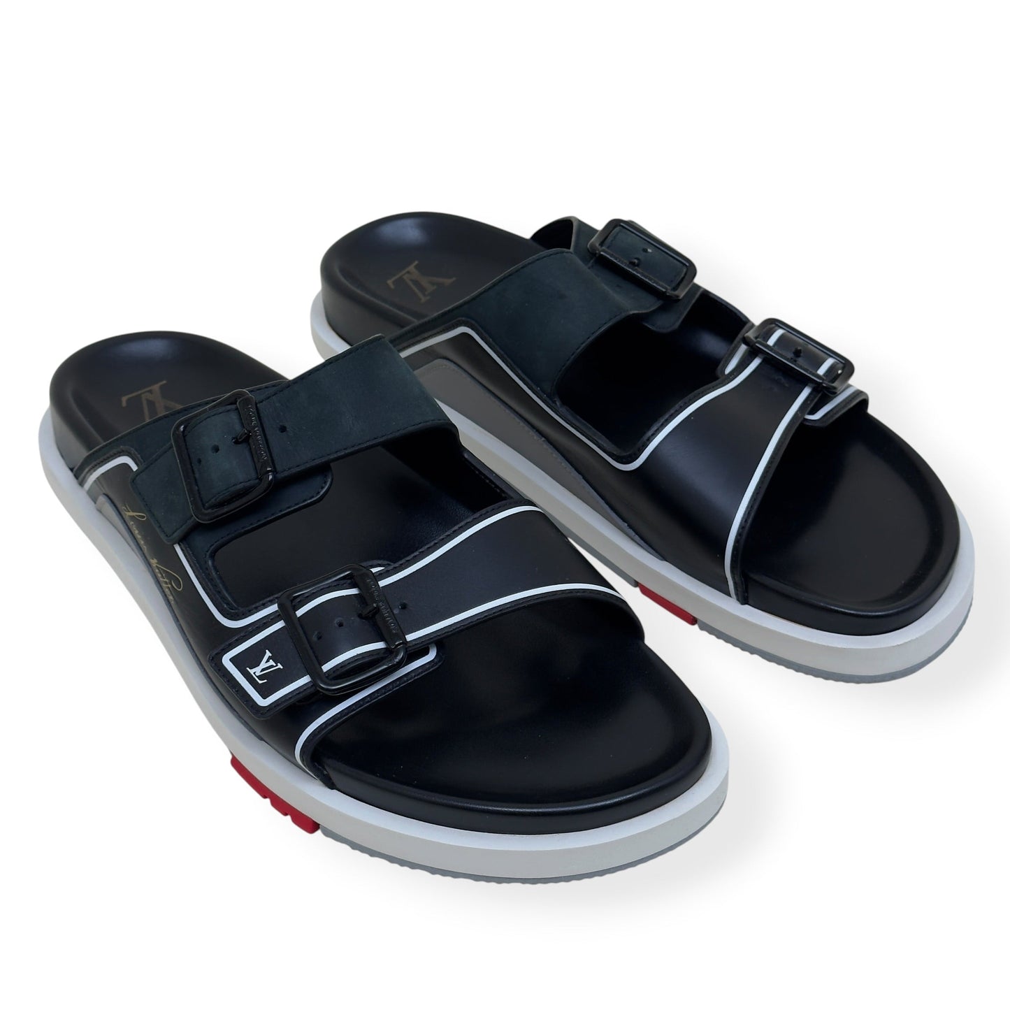 LOUIS VUITTON SCRIPT LOGO LEATHER MULES BLACK / GREY UK10 | UK 10, Black