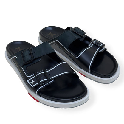 LOUIS VUITTON SCRIPT LOGO LEATHER MULES BLACK / GREY UK10 | UK 10, Black