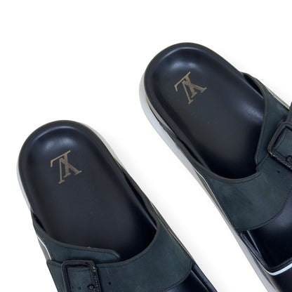 LOUIS VUITTON SCRIPT LOGO LEATHER MULES BLACK / GREY UK10 | UK 10, Black