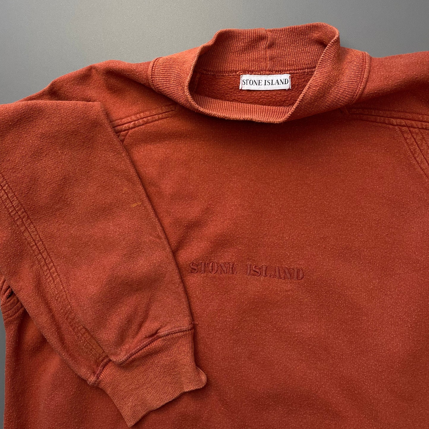 Stone Island Burnt Orange 80s Spellout Raglan Jumper | Large, Orange