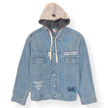 A BATHING APE MOONFACE LOGO HOODED DENIM JACKET INDIGO BLUE  L | Large, Blue