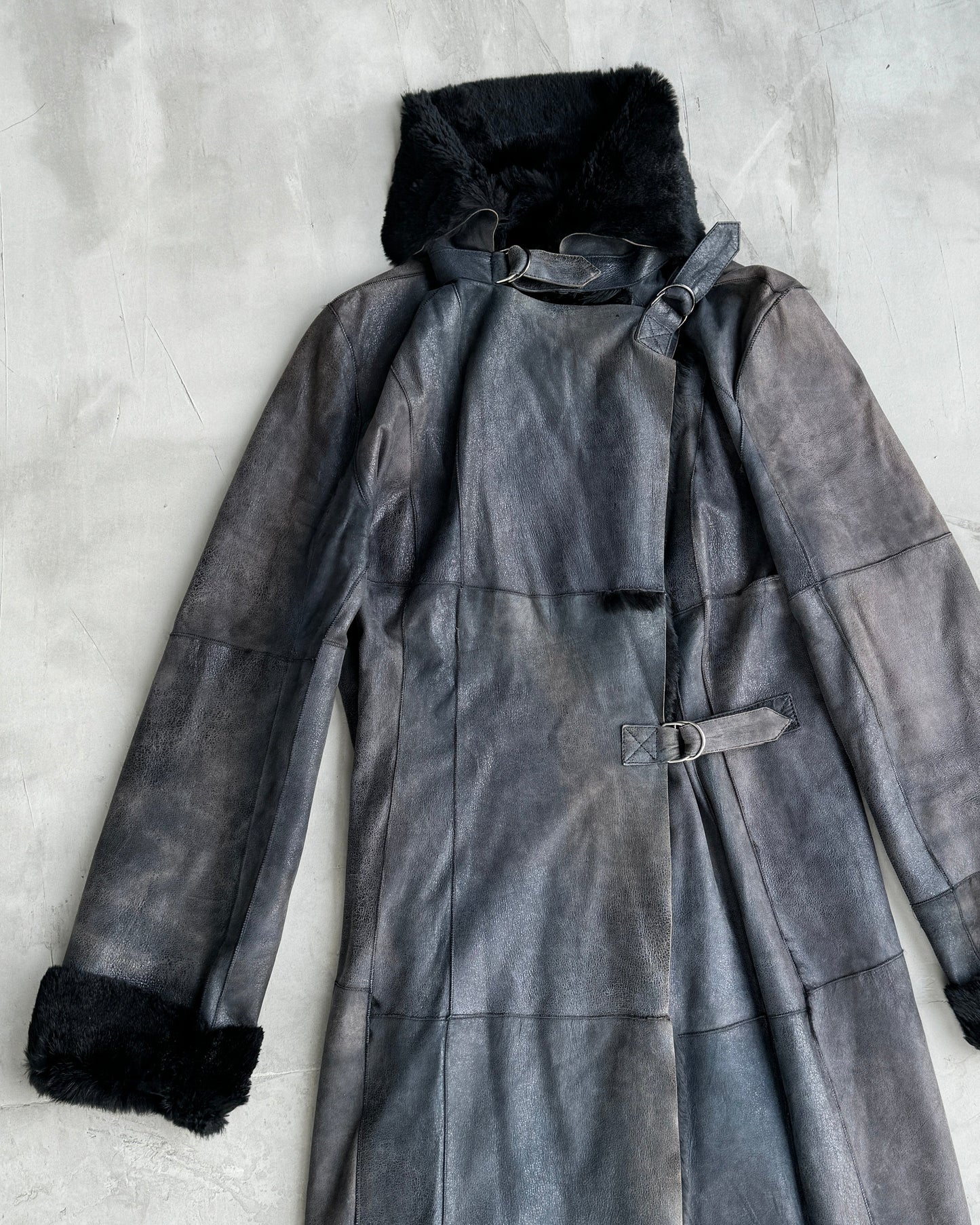PLEIN SUD LEATHER & FUR FLOOR LENGTH BUCKLE COAT - M | Medium, Black