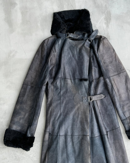PLEIN SUD LEATHER & FUR FLOOR LENGTH BUCKLE COAT - M | Medium, Black