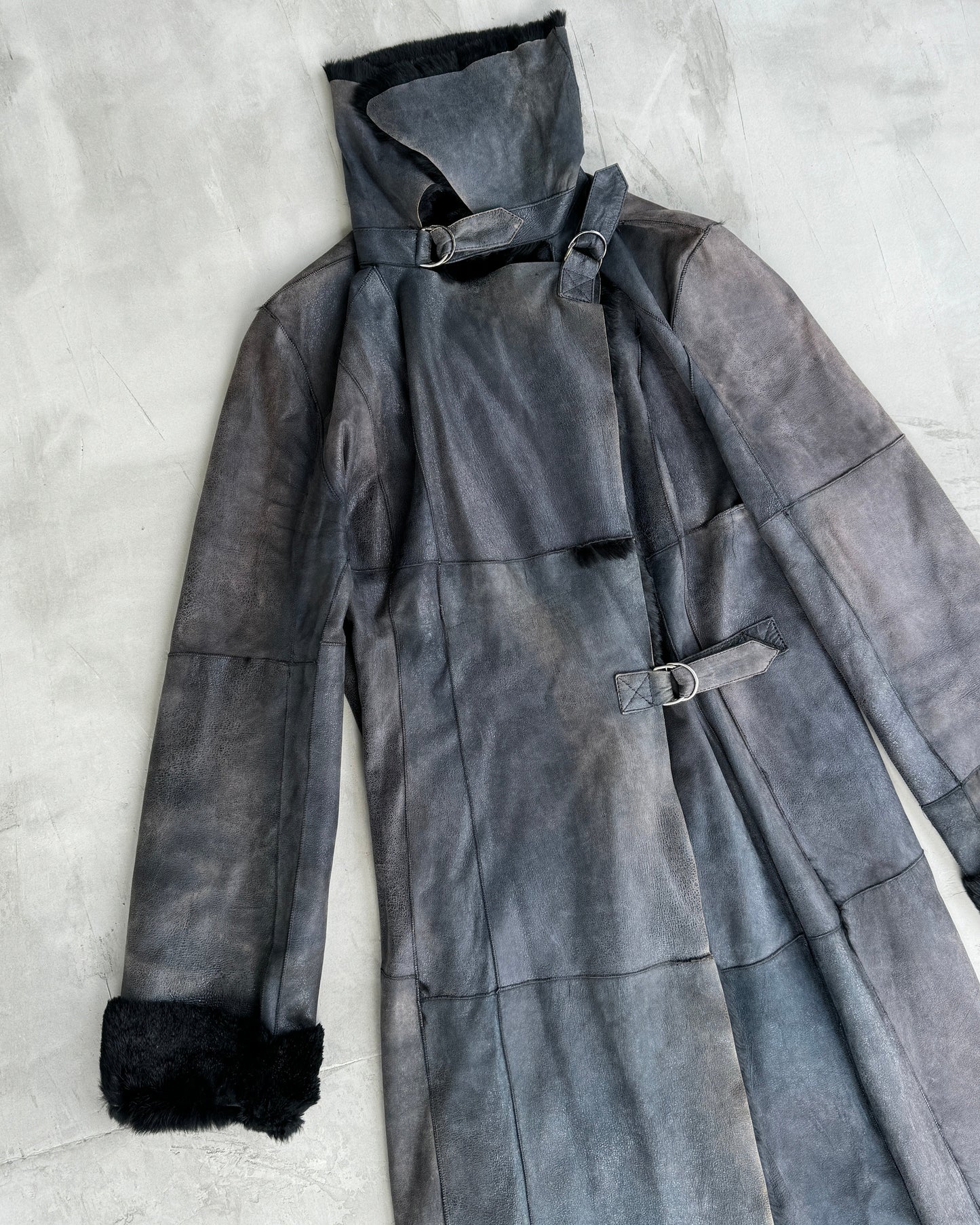 PLEIN SUD LEATHER & FUR FLOOR LENGTH BUCKLE COAT - M | Medium, Black