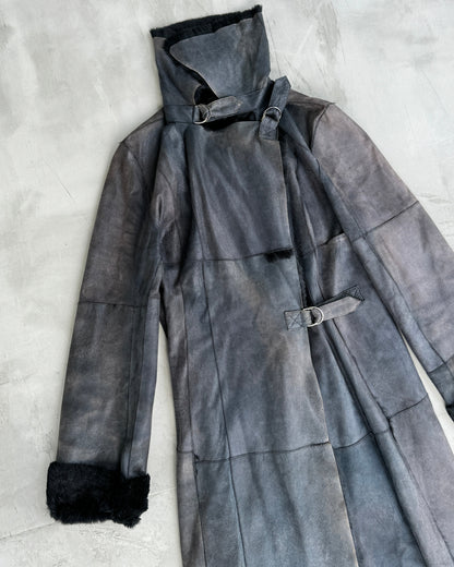 PLEIN SUD LEATHER & FUR FLOOR LENGTH BUCKLE COAT - M | Medium, Black