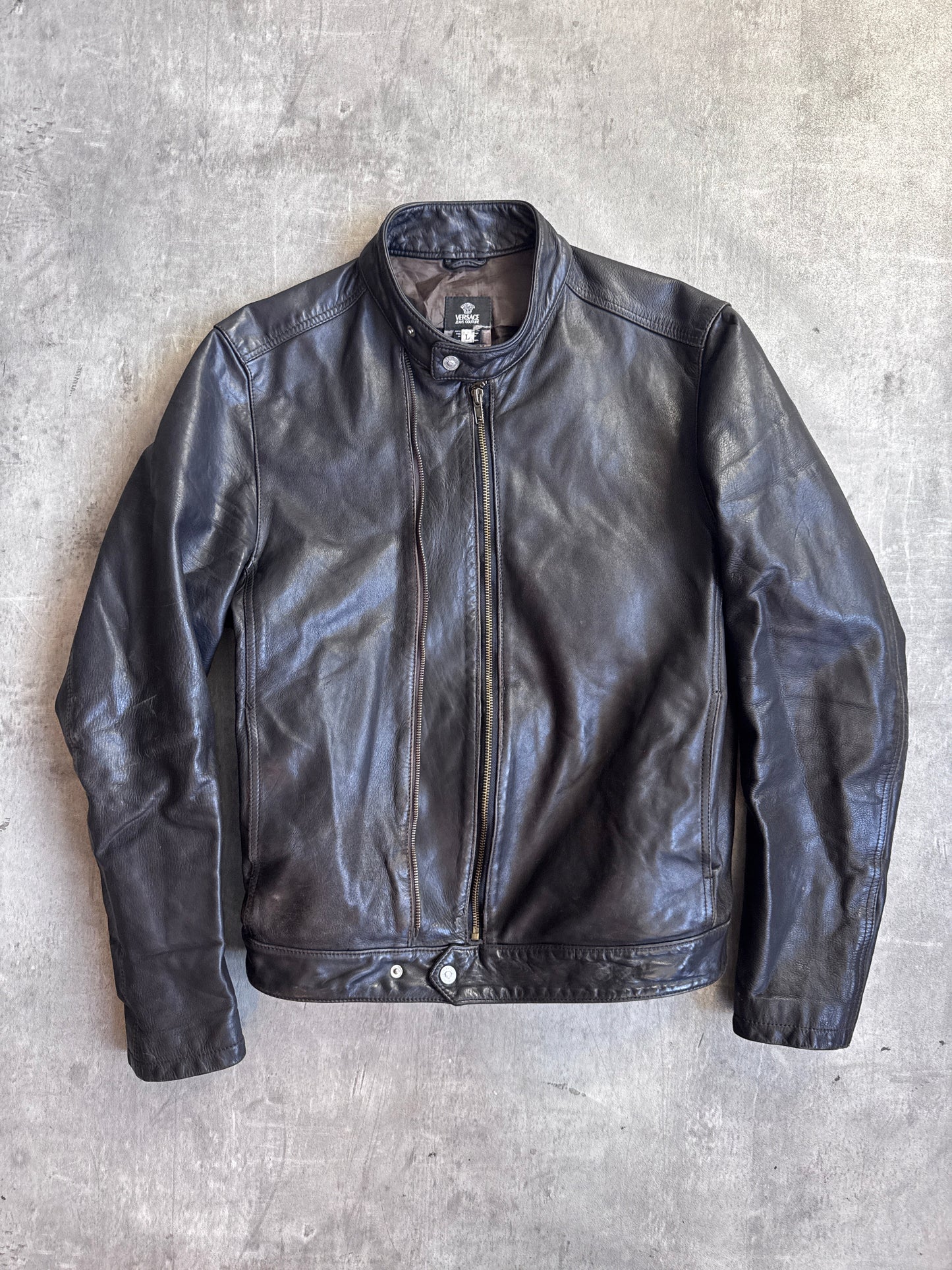 Versace Jeans Couture Double Zip Detail Leather Cafe Racer