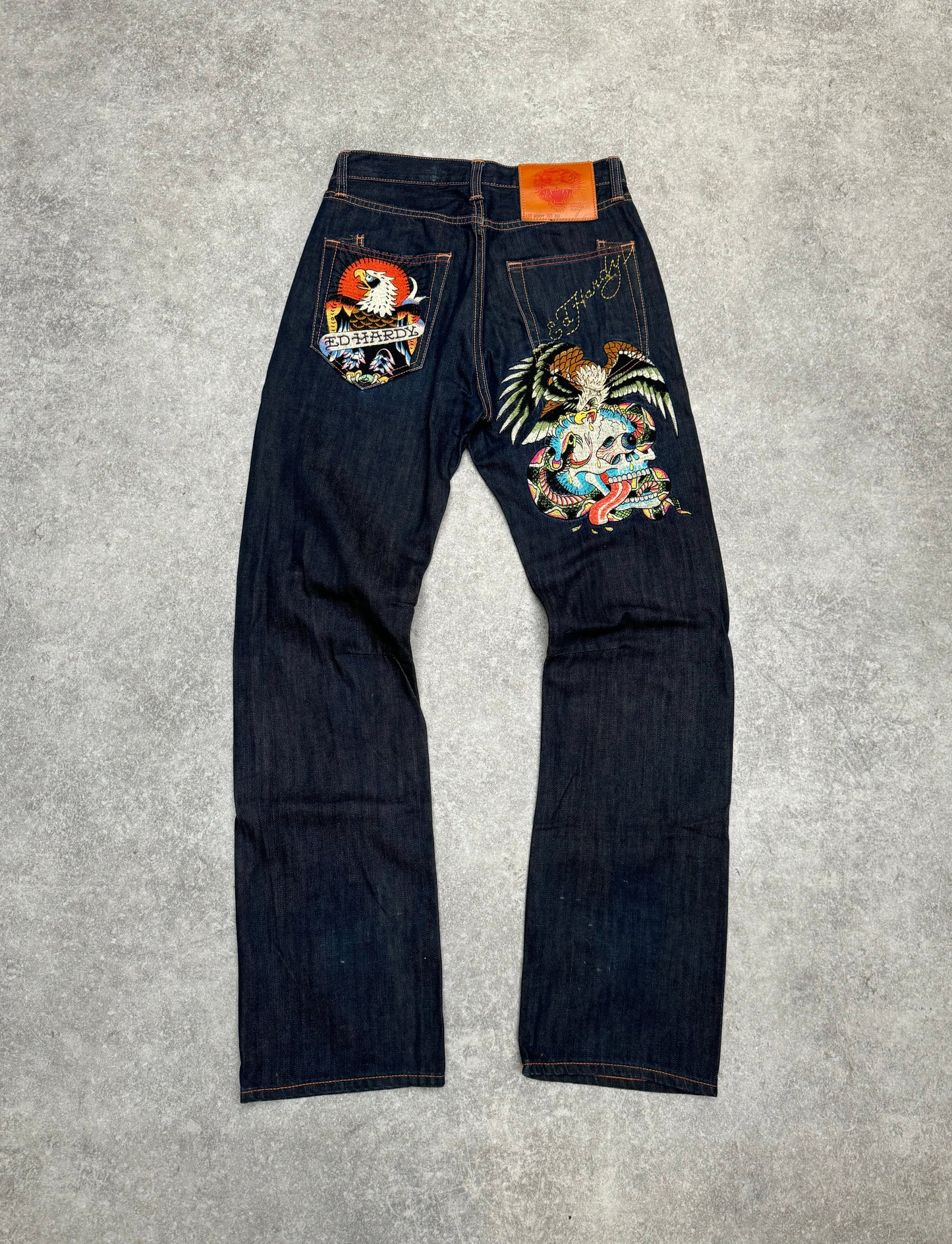 Ed Hardy Darkwash Eagle & Skull Embroidered Jeans