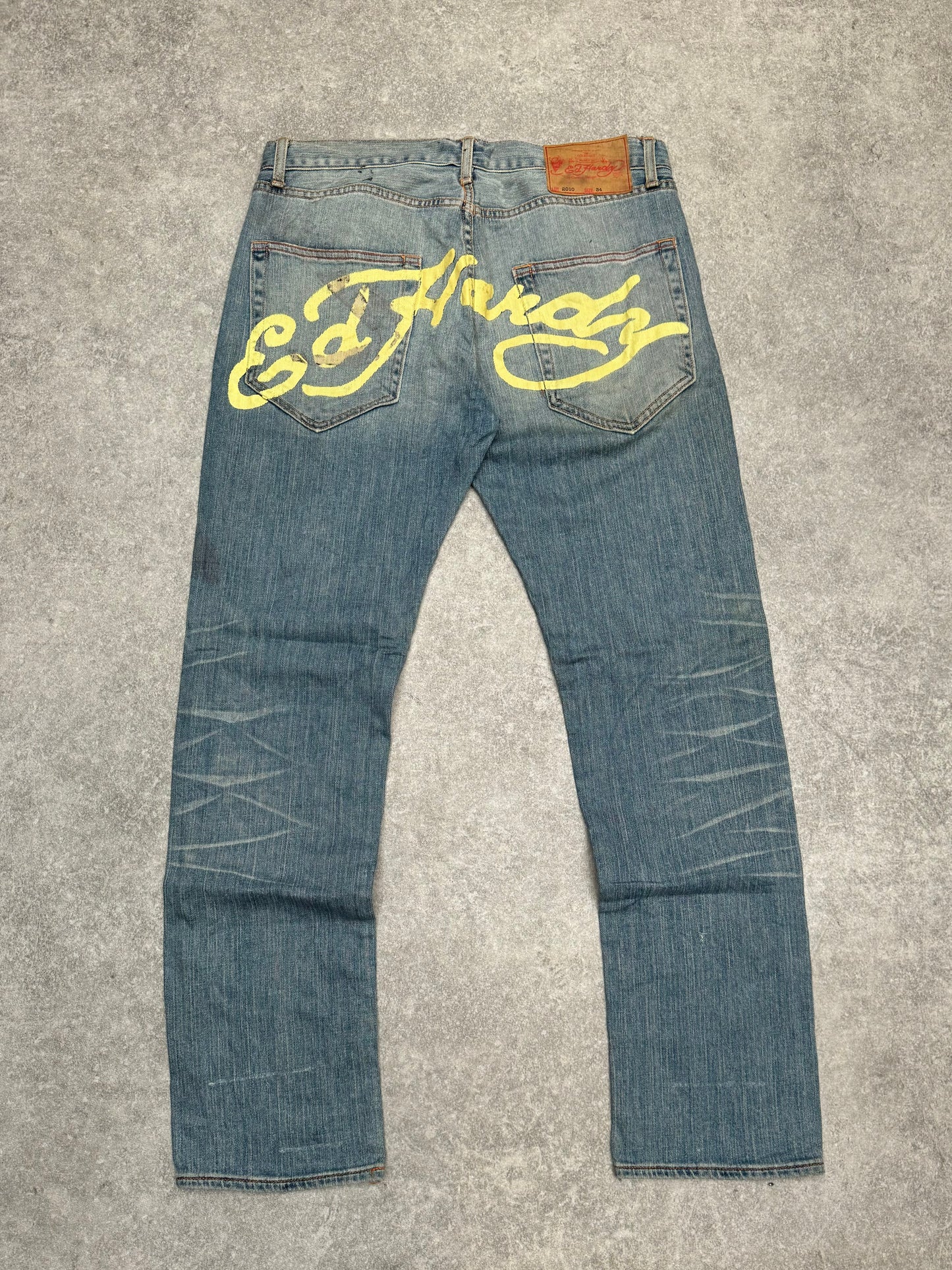 Ed Hardy Lightwash Pale Yellow Dragon Embroidered Jeans