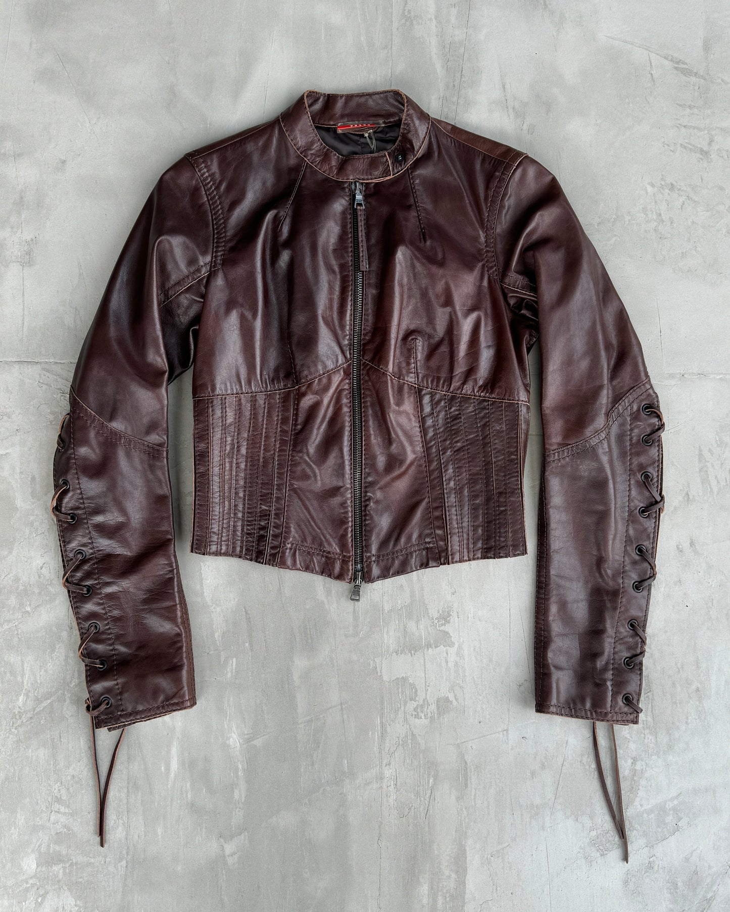 PRADA SPORT 2000'S LEATHER LACE UP CORSET JACKET - M | Medium, Brown