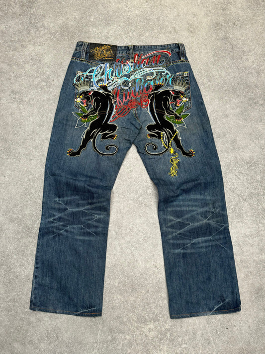 Christian Audigier Black Puma All-Over Embroidered Logo Jeans