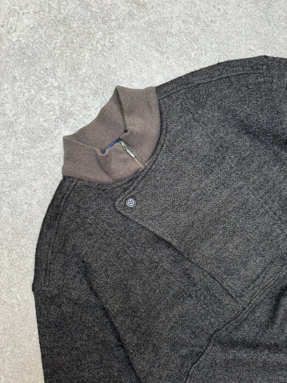 Yves Saint Laurent Vintage Grey Quarter Zip Button Panel Knit Sweater