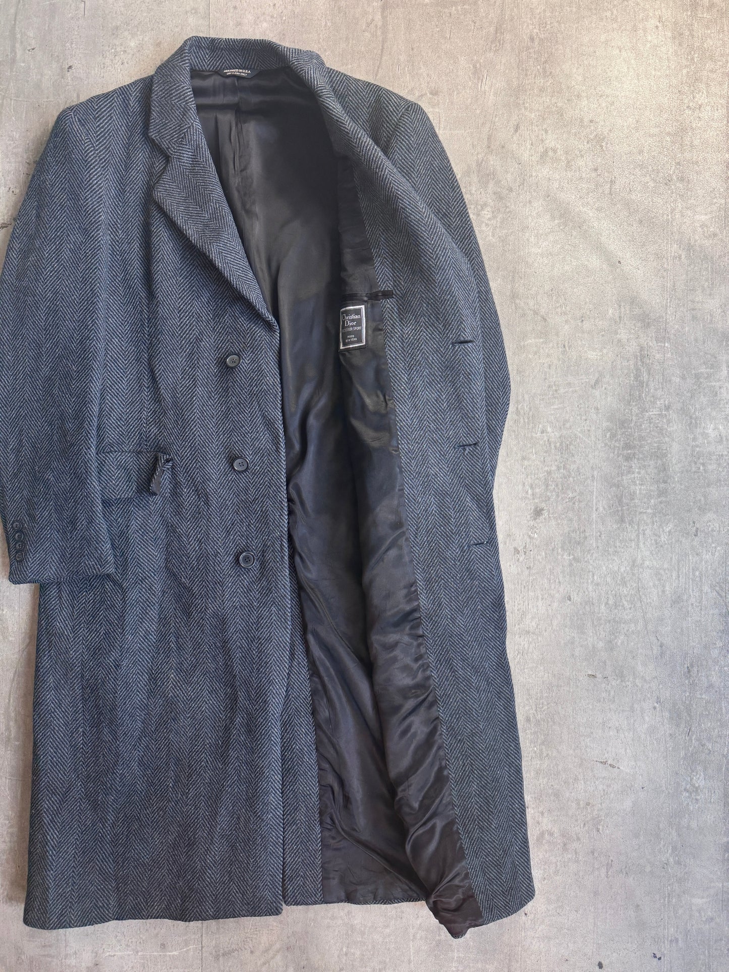 Christian Dior Monsieur Sport Pure Wool Double Breasted Grey Herringbone Tweed Coat