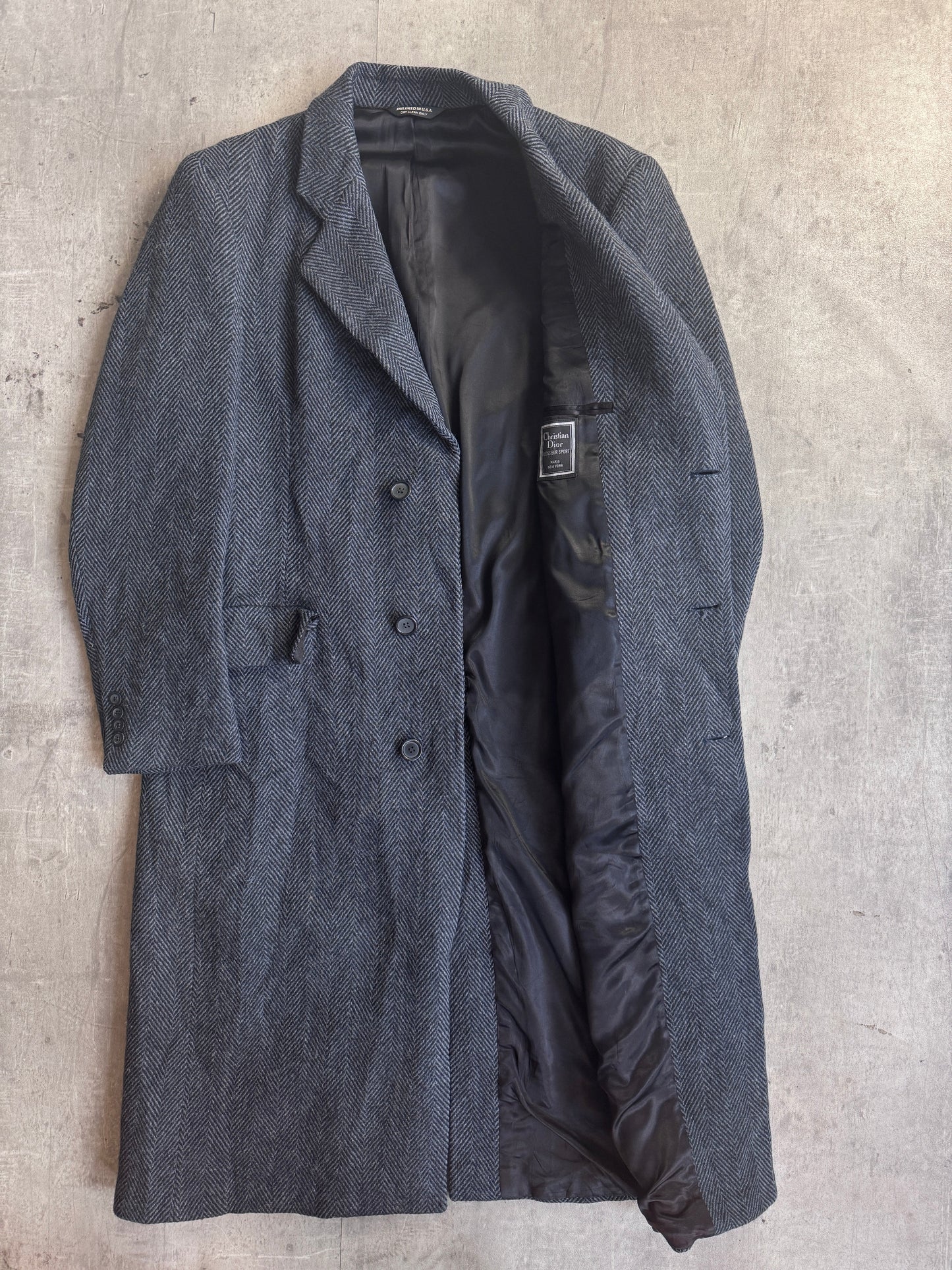 Christian Dior Monsieur Sport Pure Wool Double Breasted Grey Herringbone Tweed Coat