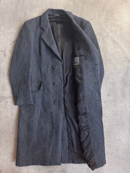 Christian Dior Monsieur Sport Pure Wool Double Breasted Grey Herringbone Tweed Coat