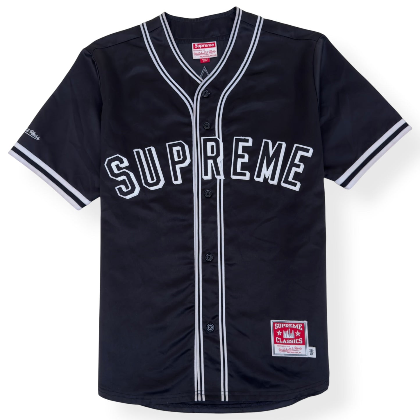 SUPREME MITCHELL & NESS SATIN BASEBALL JERSEY BLACK M | Medium, Black