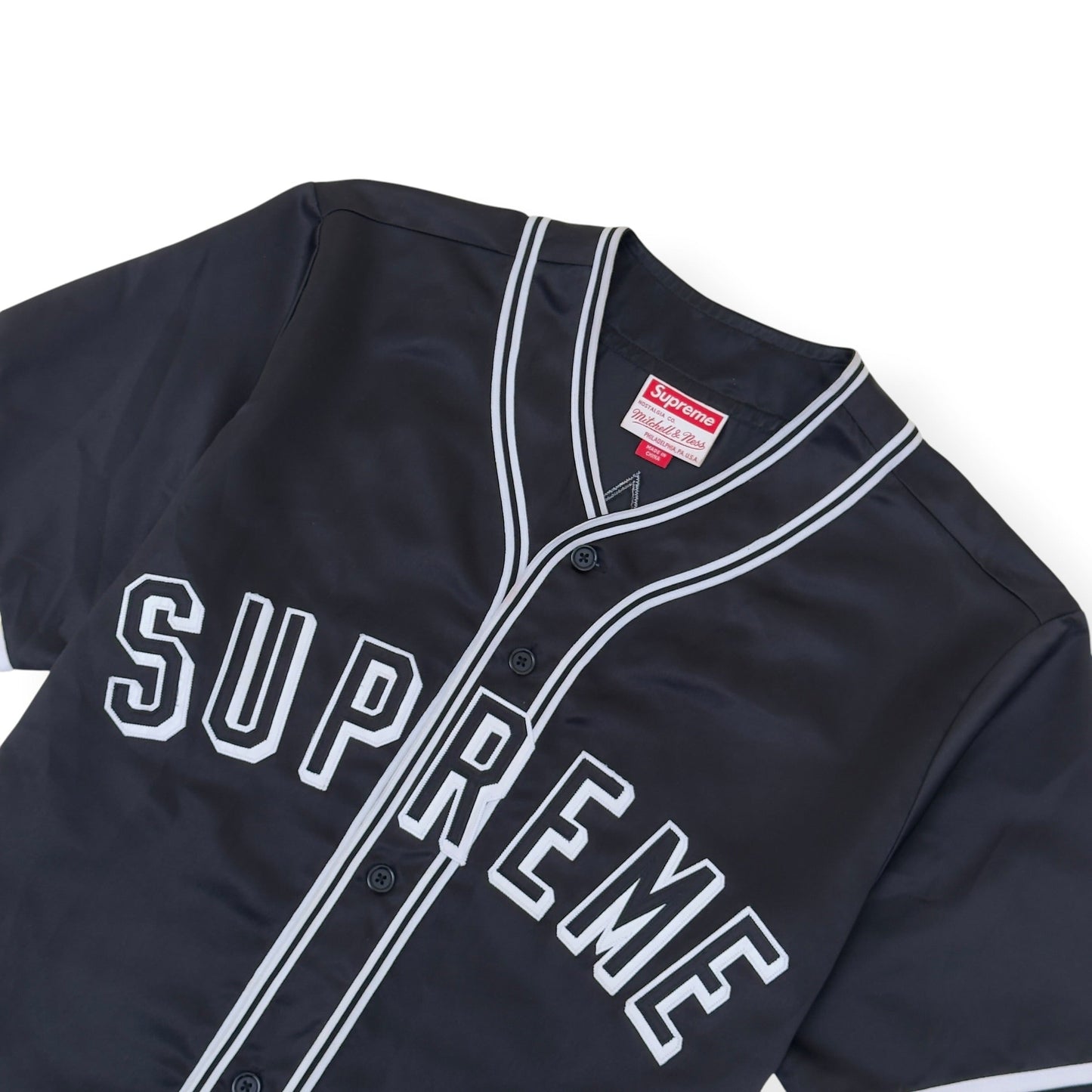 SUPREME MITCHELL & NESS SATIN BASEBALL JERSEY BLACK M | Medium, Black