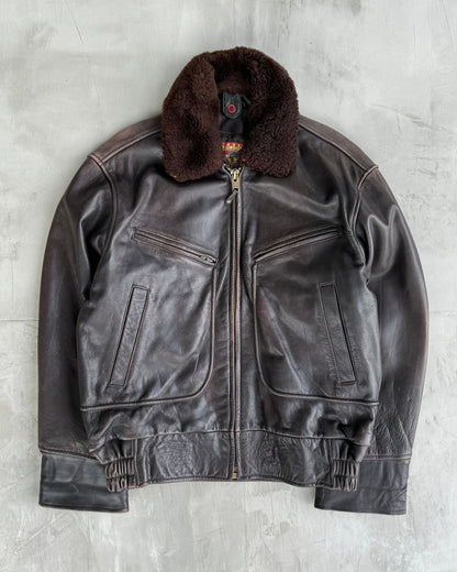 80'S BOMBERS' BROWN LEATHER JACKET WITH DETACHABLE FUR COLLAR - L | Large, Brown