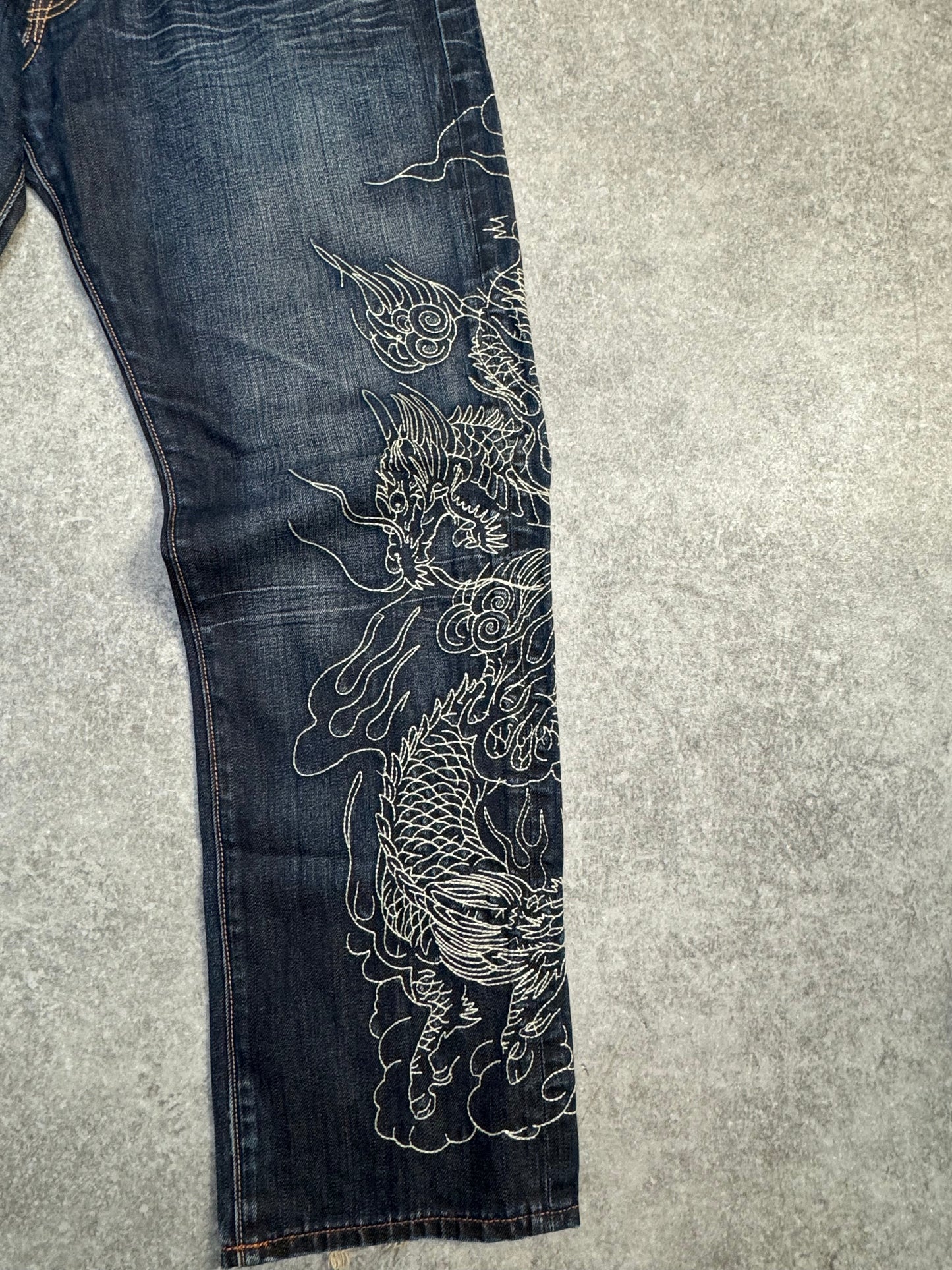 Ed Hardy Pale Yellow Dragon Embroidered Logo Print Jeans