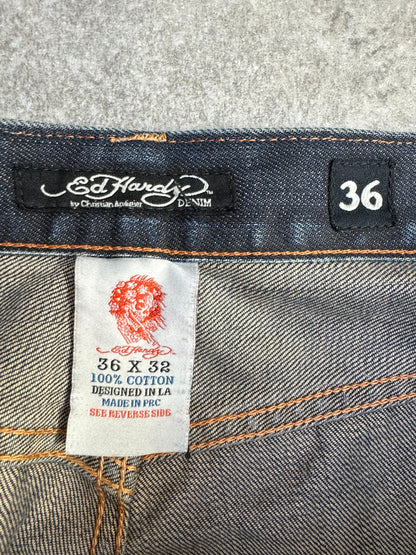 Ed Hardy Pale Yellow Dragon Embroidered Logo Print Jeans