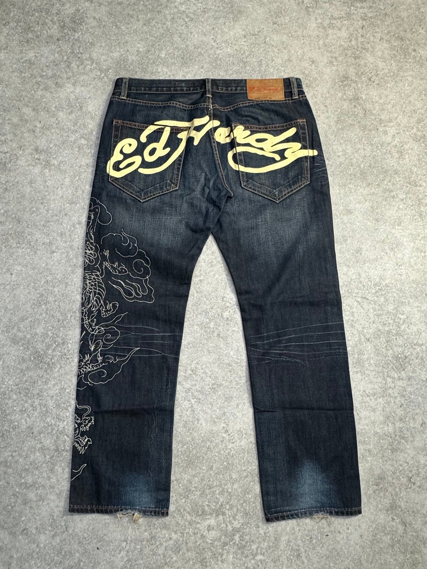 Ed Hardy Pale Yellow Dragon Embroidered Logo Print Jeans