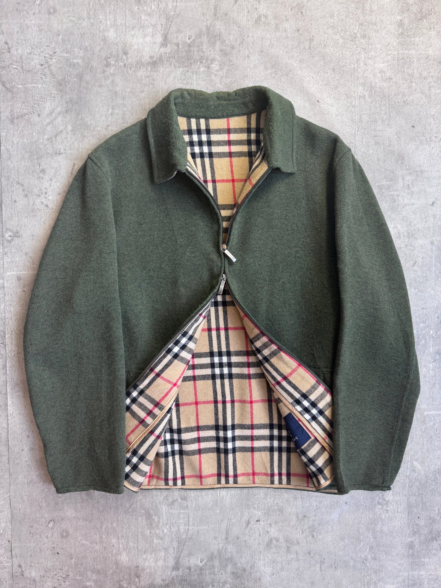 Burberry Bottle Green Lana Wool Blend Nova Check Lined Dual Zip Over Shirt