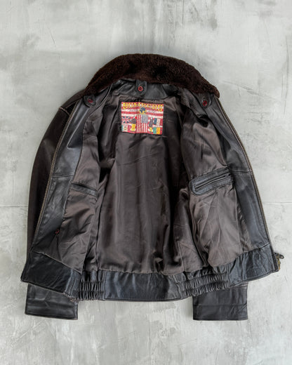 80'S BOMBERS' BROWN LEATHER JACKET WITH DETACHABLE FUR COLLAR - L | Large, Brown
