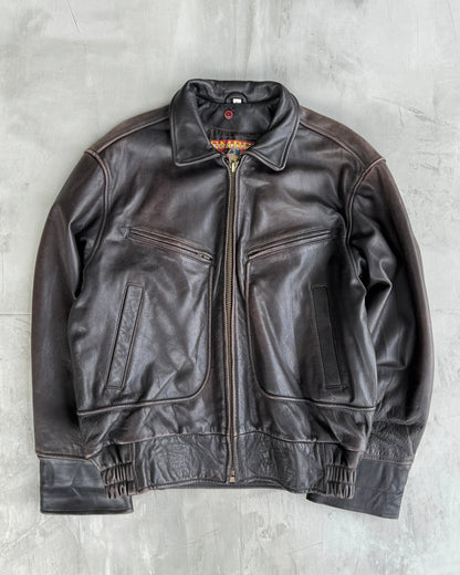 80'S BOMBERS' BROWN LEATHER JACKET WITH DETACHABLE FUR COLLAR - L | Large, Brown