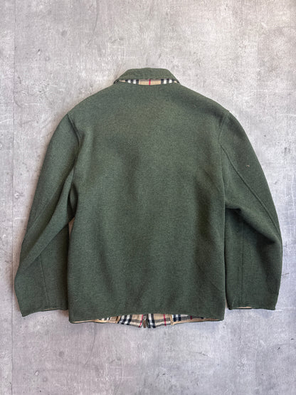 Burberry Bottle Green Lana Wool Blend Nova Check Lined Dual Zip Over Shirt